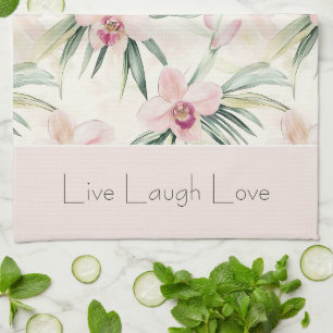 Green Blush Pink Orchid Flowers Love Tea Towel