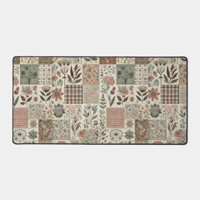 Green Blush Pink Patchwork Floral Quilted Design  Desk Mat (Front)