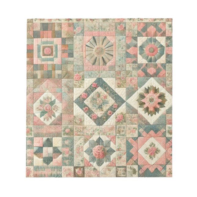 Green Blush Pink Patchwork Floral Quilted Design  Notepad (Front)