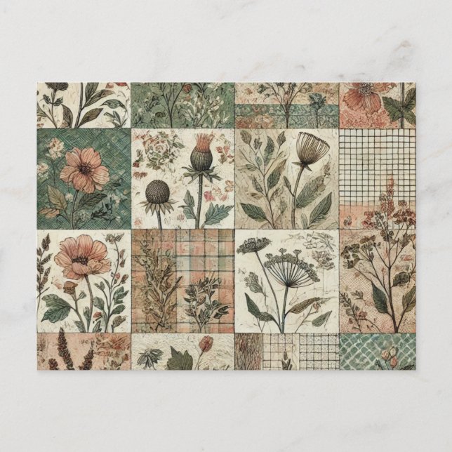 Green Blush Pink Patchwork Floral Quilted Design  Postcard (Front)