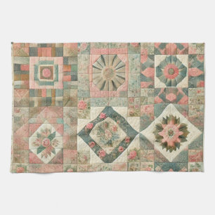 Green Blush Pink Patchwork Quilt Rustic Floral Tea Towel
