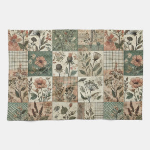 Green Blush Pink Patchwork Quilt Rustic Floral Tea Towel