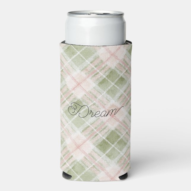 Green Blush Pink Plaid Stripes Seltzer Can Cooler (Seltzer Front)