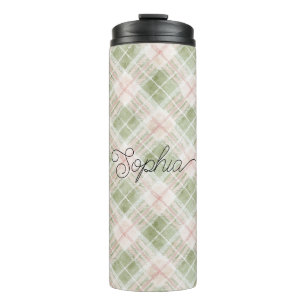 Green Blush Pink Plaid Stripes Thermal Tumbler