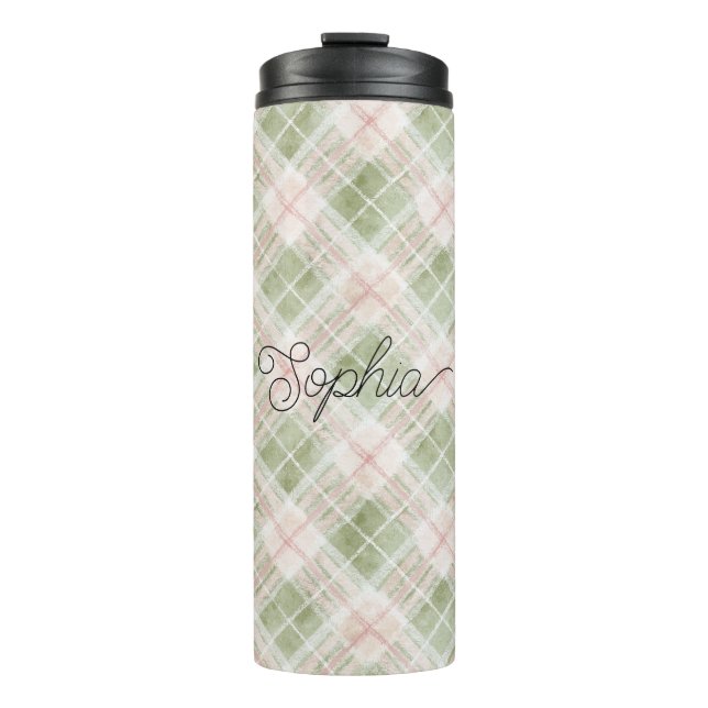 Green Blush Pink Plaid Stripes Thermal Tumbler (Front)
