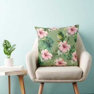 Green Blush Pink Tropical Leaves Hibiscus Flowers Cushion