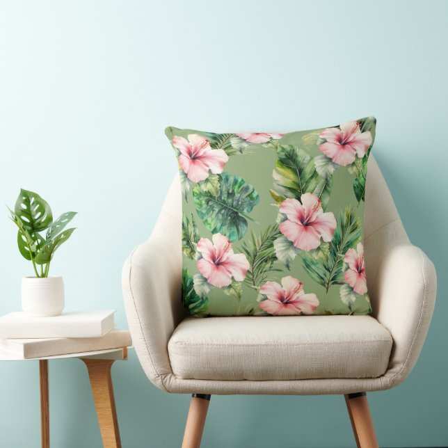 Green Blush Pink Tropical Leaves Hibiscus Flowers Cushion (Chair)