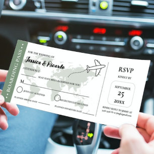 Green boarding pass wedding RSVP enclosure card