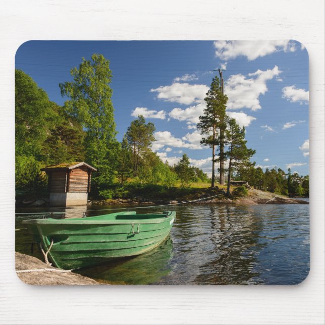 Green boat in a fjord in Norway mousepad (Front)