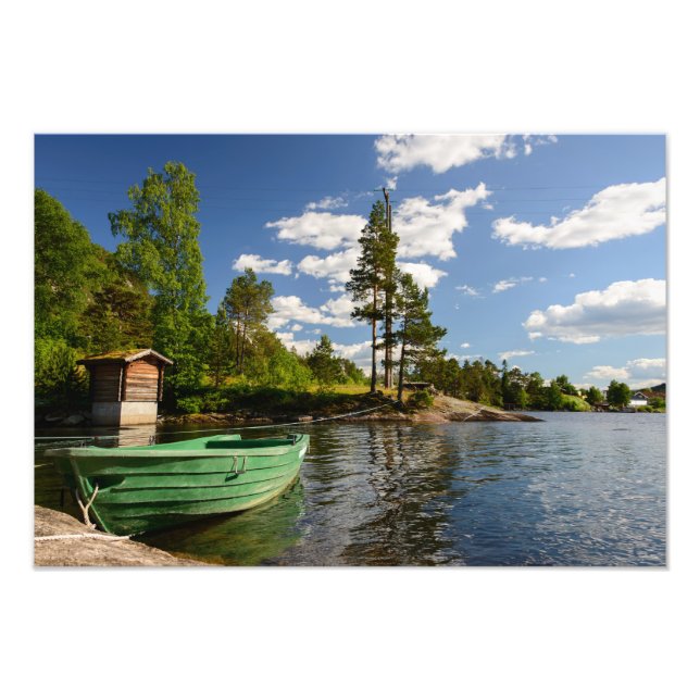 Green boat in a fjord in Norway Photo Print (Front)