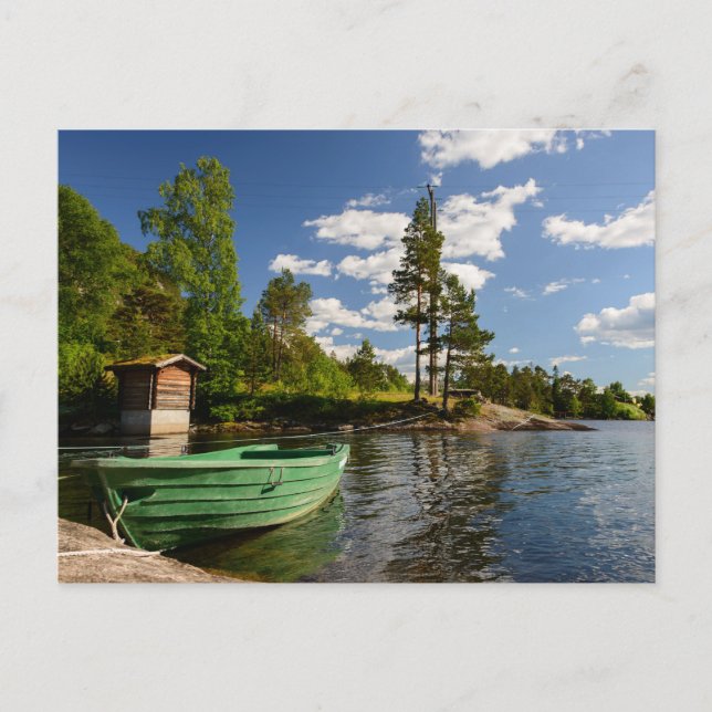 Green boat in a fjord in Norway postcard (Front)