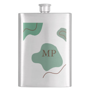 Green boho abstract shapes add monogram letter tex hip flask