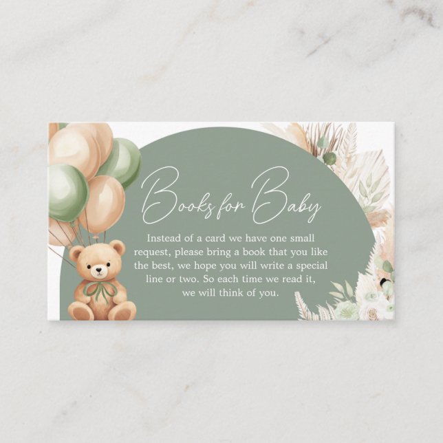 Green Boho Bear Balloon Baby Shower Books for Baby Enclosure Card (Front)