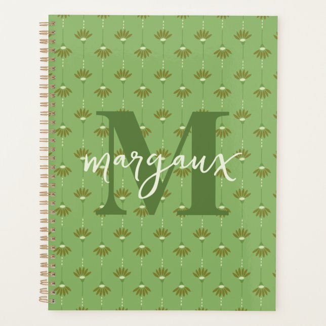 Green Boho Floral Personalized Monogram Name Planner (Front)
