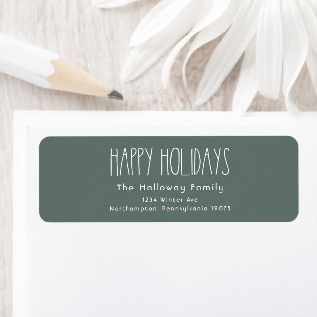 Green Boho Happy Holidays Return Address Envelope Label (Insitu)