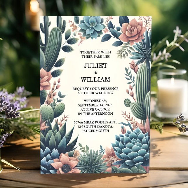 Green Boho Leaf Desert Cacti Succulent Wedding Invitation (Creator Uploaded)