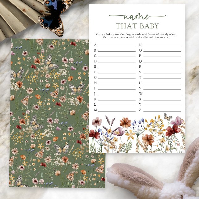 Green Boho Name That Baby Game (Sage Green Boho Floral Name That Baby Game Card with Butterfly by Painted Paperie
)