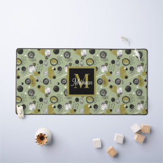 Green Boho Pattern Monogram Name  Desk Mat