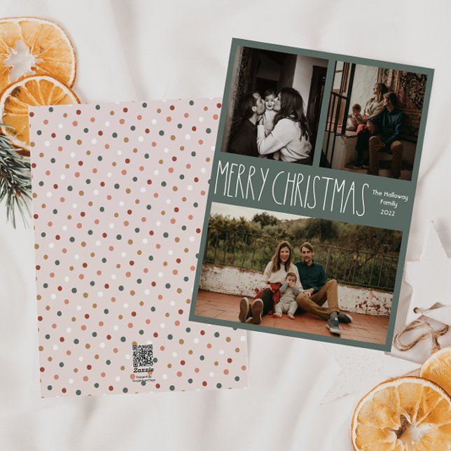 Green Boho Polka Dot Christmas Classic Three-Photo Holiday Card (Creator Uploaded)