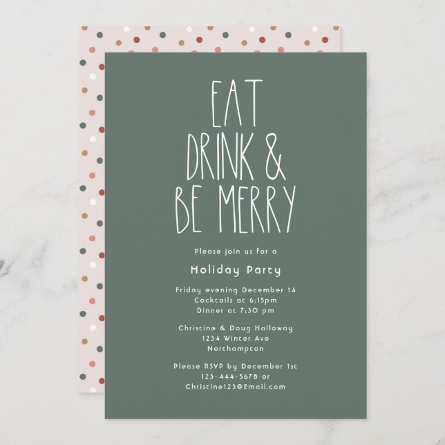 Green Boho Polka Dot Christmas Eat Drink Be Merry Invitation (Front/Back)