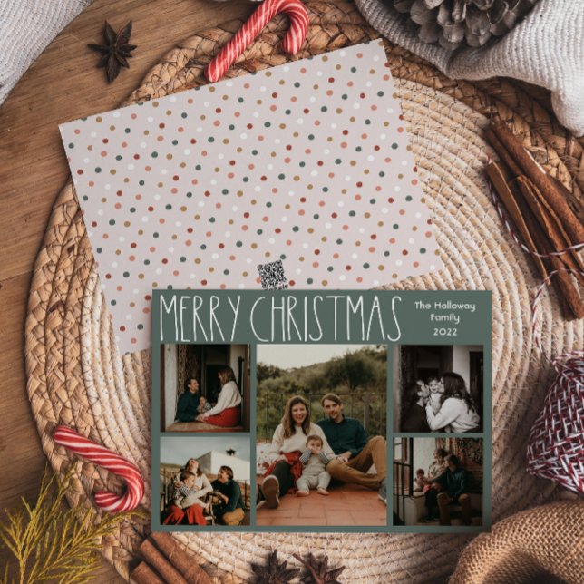 Green Boho Polka Dot Christmas Five-Photo Holiday Card (Creator Uploaded)