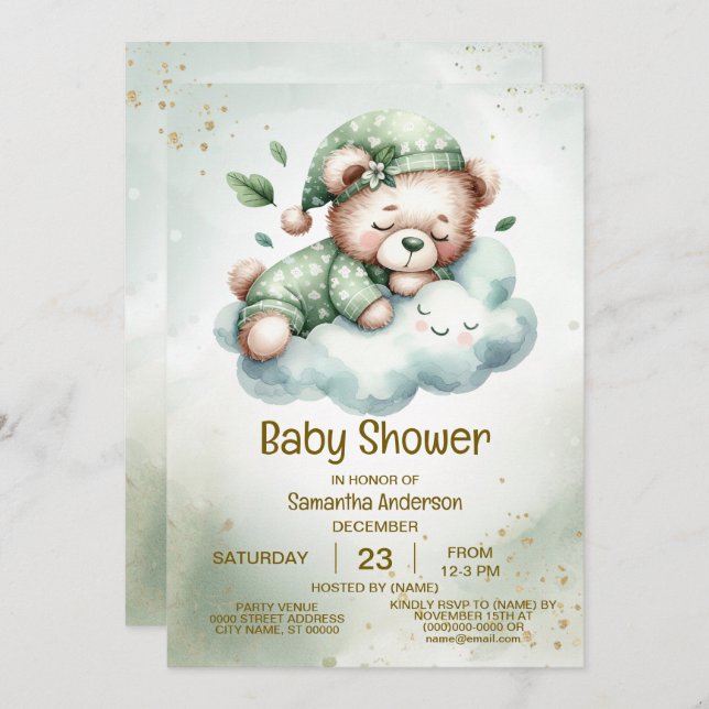 Green Boho Sleeping Teddy Bear Cute Baby Shower Invitation (Front/Back)