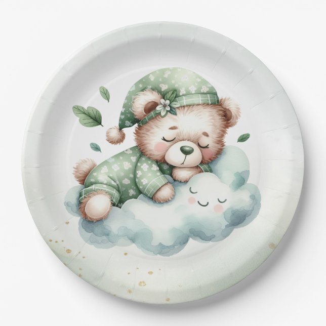 Green Boho Sleeping Teddy Bear Cute Baby Shower Paper Plate (Front)
