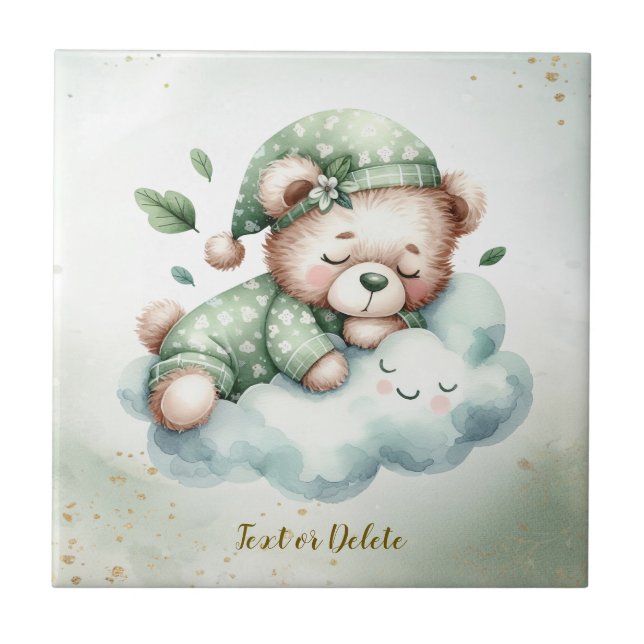 Green Boho Sleeping Teddy Bear Cute Ceramic Tile (Front)