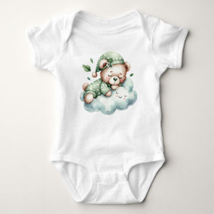 Green Boho Sleeping Teddy Bear Cute Elegant Baby Bodysuit