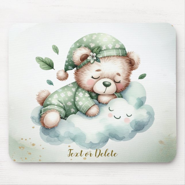 Green Boho Sleeping Teddy Bear Cute Mouse Pad (Front)