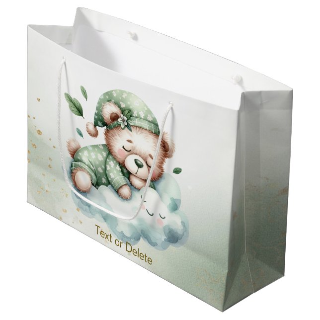 Green Boho Sleeping Teddy Bear Cute Party Large Gift Bag (Front Angled)