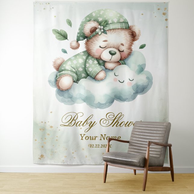 Green Boho Sleeping Teddy Bear Cute Party Tapestry (In Situ)