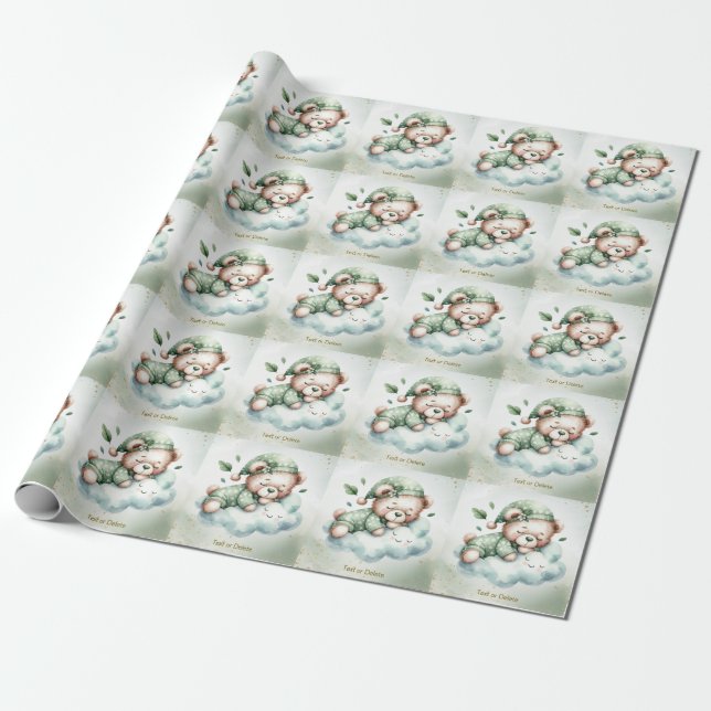 Green Boho Sleeping Teddy Bear Cute Party Wrapping Paper (Unrolled)
