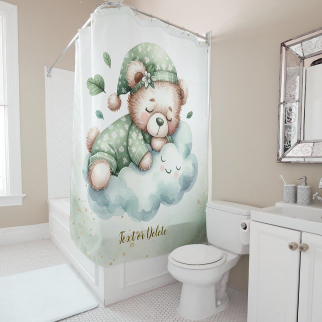 Green Boho Sleeping Teddy Bear Cute Shower Curtain (In Situ)