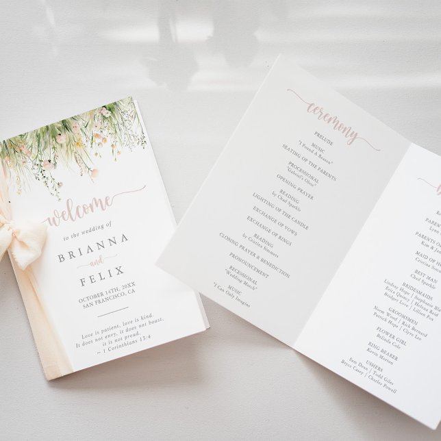 Green Boho Wildflower Folded Wedding Program (Creator Uploaded)