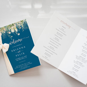 Green Boho Wildflower Navy Folded Wedding Program