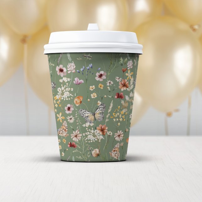 Green Boho Wildflowers Paper Cups (Sage Green Boho Wildflowers Paper Cups by Painted Paperie
)