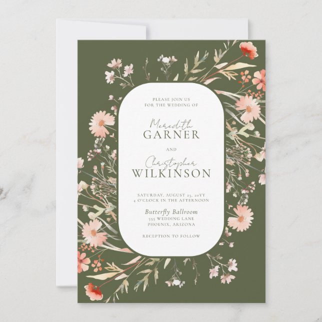 Green Boho Wildflowers Photo Wedding Invitation (Front)