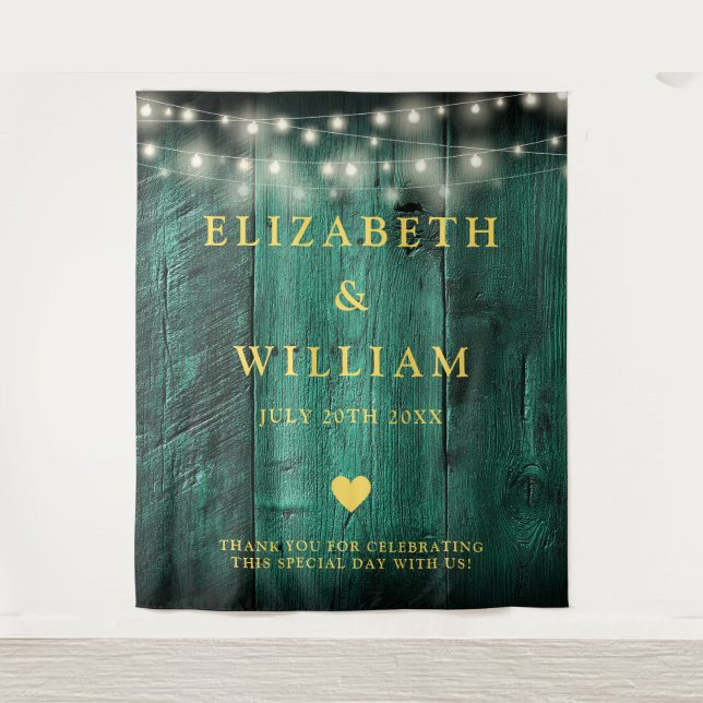 Green Boho Wood String Lights Photo Booth Backdrop Tapestry (Front)