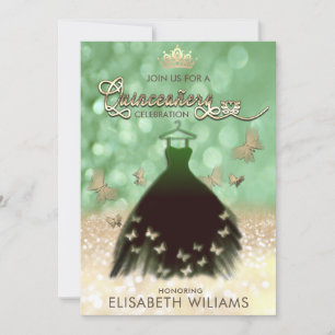 Green bokeh butterfly dress  Quinceañera  Invitation