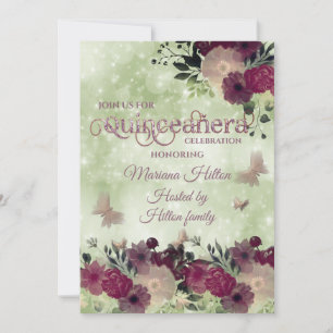 Green bokeh butterfly floral garden Quinceañera  Invitation