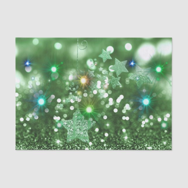 Green Bokeh Faux Glitter & Colourful Shining Stars Tissue Paper (Front)