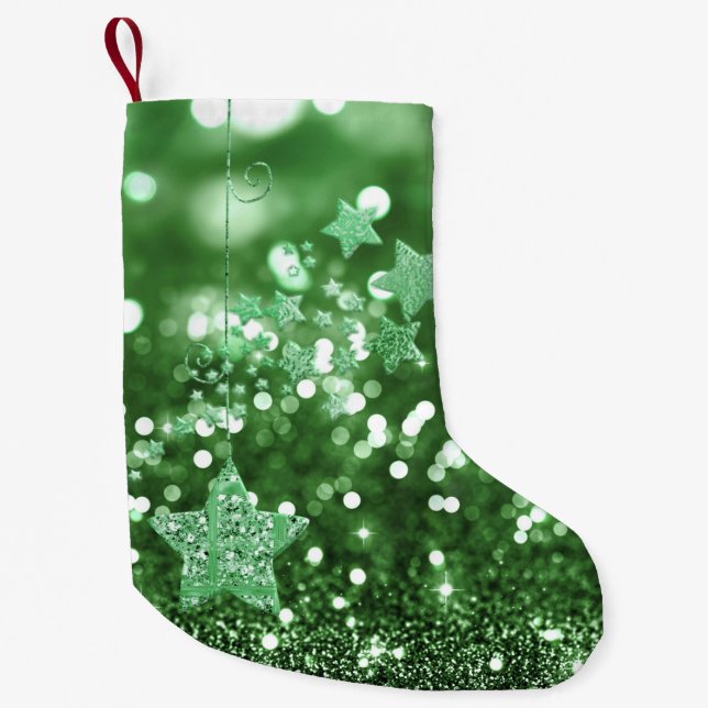 Green Bokeh Faux Glitter & Stars Small Christmas Stocking (Front)