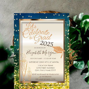 Green Bokeh,Glitter Grad Cap,Glass Graduation Invitation