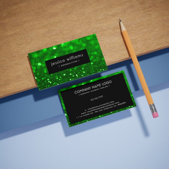 Green Bokeh Glitter & Sparkles Black Accents Business Card (Creator Uploaded)