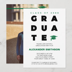 Green Bold GRADUATE Letters and Cap Graduation Invitation