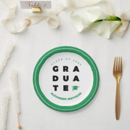 Green Bold GRADUATE Letters and Cap Graduation Paper Plate
