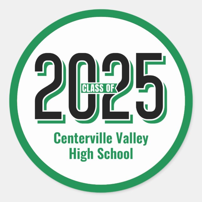 Green Bold Shadowed Numbers Class of 2025 Classic Round Sticker (Front)