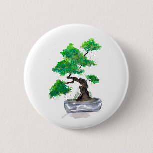 Green Bonsai Watercolor Button