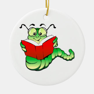 Green Bookworm with Glasses Reading a Red Book Ceramic Tree Decoration
